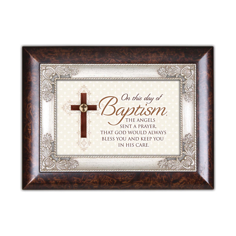 Day of Baptism Sent Prayer Cross Burlwood Inlay Italian Style Music Box Plays How Great Thou Art