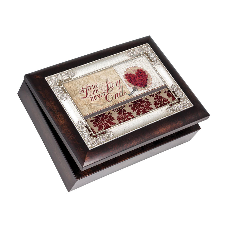 A True Love Story Never Ends Red Burlwood Jewelry Music Box Plays Unchained Melody