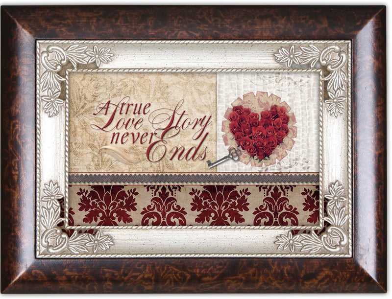 A True Love Story Never Ends Red Burlwood Jewelry Music Box Plays Unchained Melody