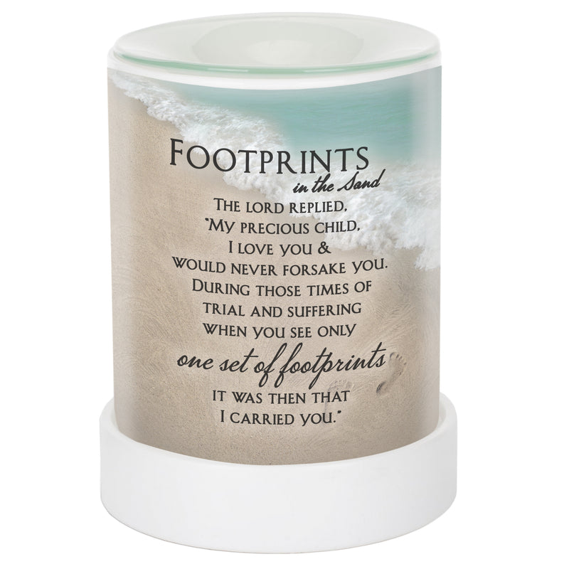 Front view of Footprints in The Sand Poem Frosted Glass Illuminated Scent Warmer