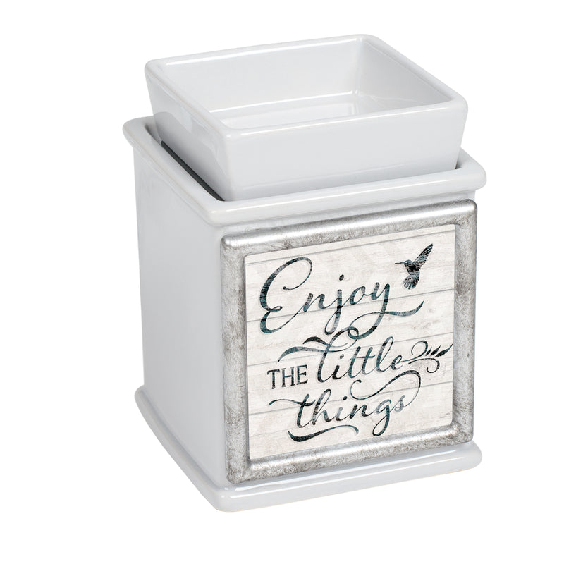 Front view of Enjoy The Little Things Ceramic Slate Grey Interchangeable Photo Frame Warmer
