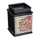 Front view of All You Need is Love Ceramic Glossy Black Interchangeable Photo Frame Warmer
