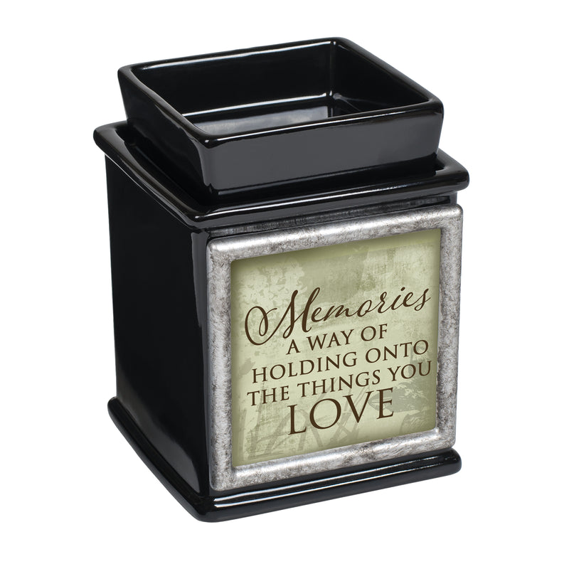 Front view of Memories Holding Love Ceramic Glossy Black Interchangeable Photo Frame Warmer