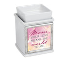Front view of Mom Your Love Means World to Me Slate Grey Interchangeable Photo Frame Warmer