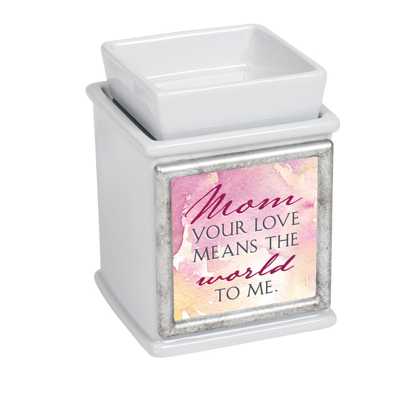 Front view of Mom Your Love Means World to Me Slate Grey Interchangeable Photo Frame Warmer