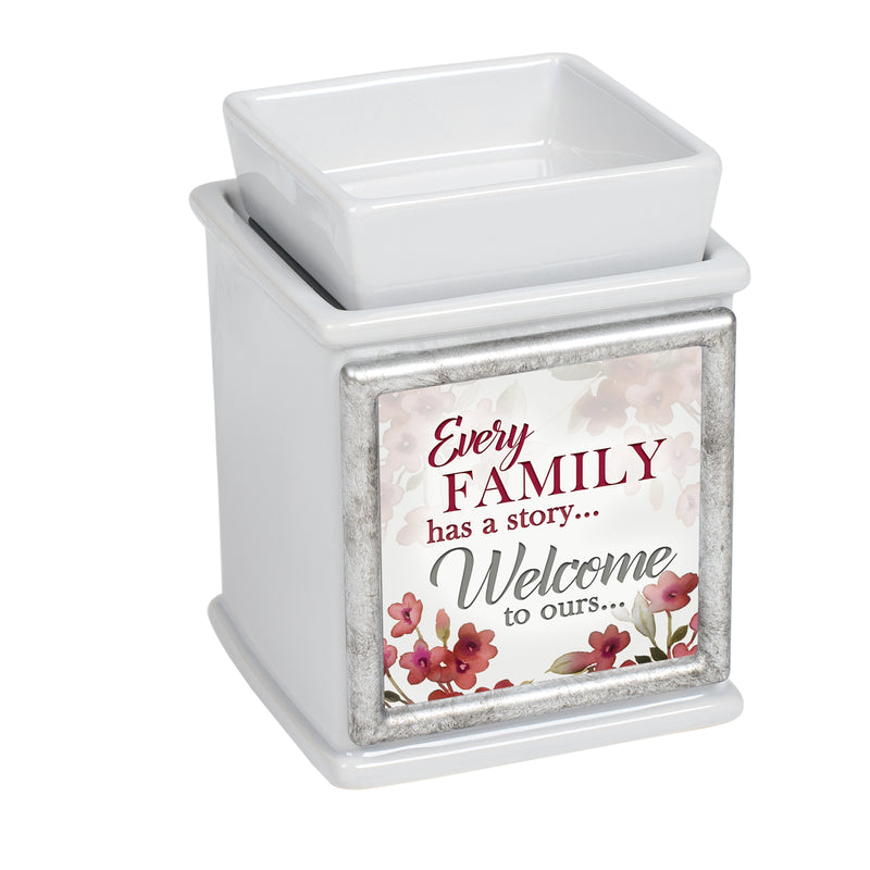 Front view of Family Story Welcome Ceramic Slate Grey Interchangeable Photo Frame Warmer