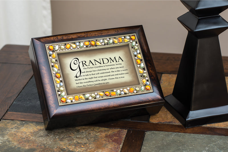 The Perfect Grandma Italian Style Wood Finish Jewel Lid Musical Jewelry Box Plays Wind Beneath My Wings