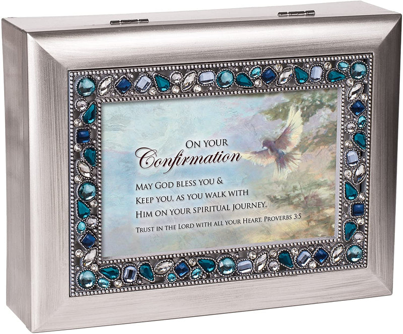 On Your Confirmation May God Bless Brushed Silvertone Jewelry Music Box Plays On Eagle's Wings