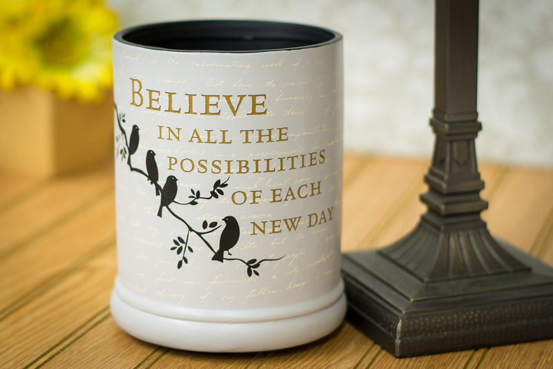 Front view of "Believe in all the possibilities of each new day" Birds on a Tree Grey Believe Electric Large Jar Candle Warmer