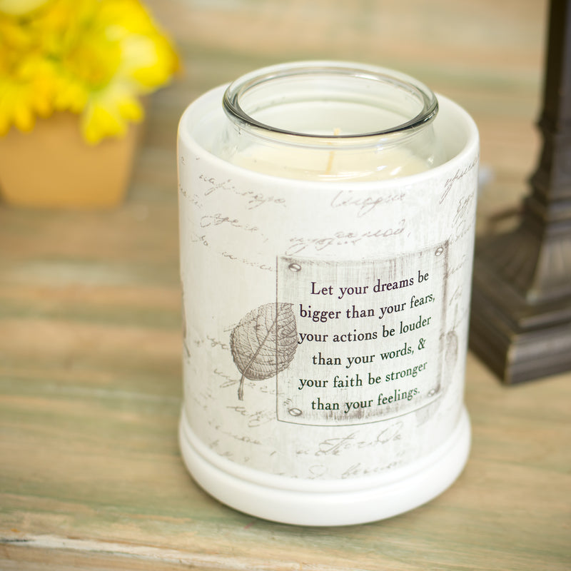 Front view of "Let your dreams be bigger than your fears, your actions louder than your words, and faith be stronger than your feelings" Grey Leaves White Ceramic Stone Jar Warmer