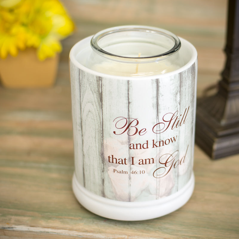 Front view of "Be Still and Know" Distressed Wood Design White Ceramic Stone Jar Warmer