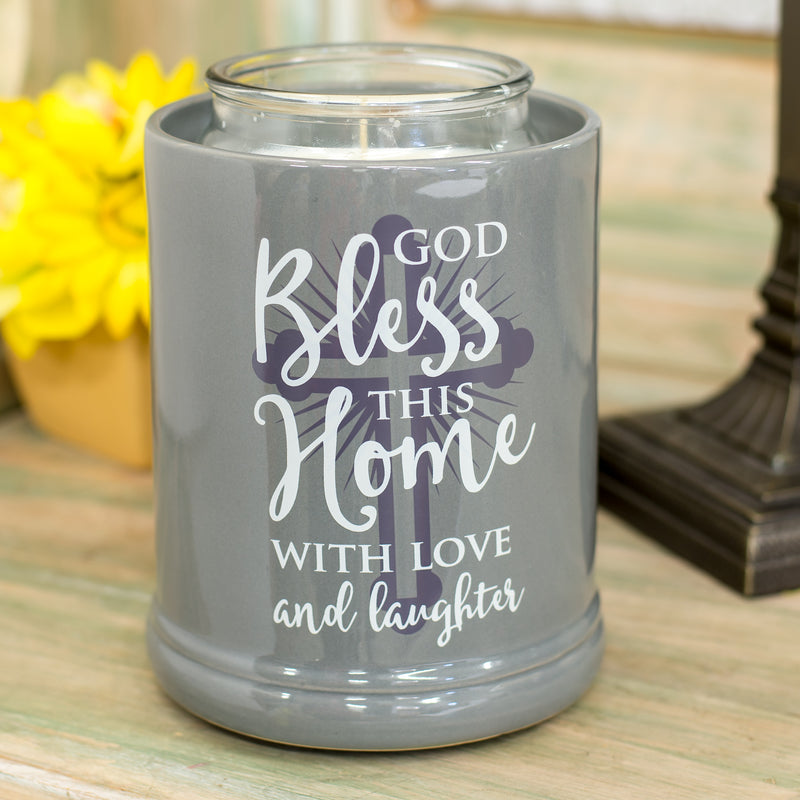 Front view of God Bless This Home with Love Grey Stoneware Electric Jar Candle Warmer