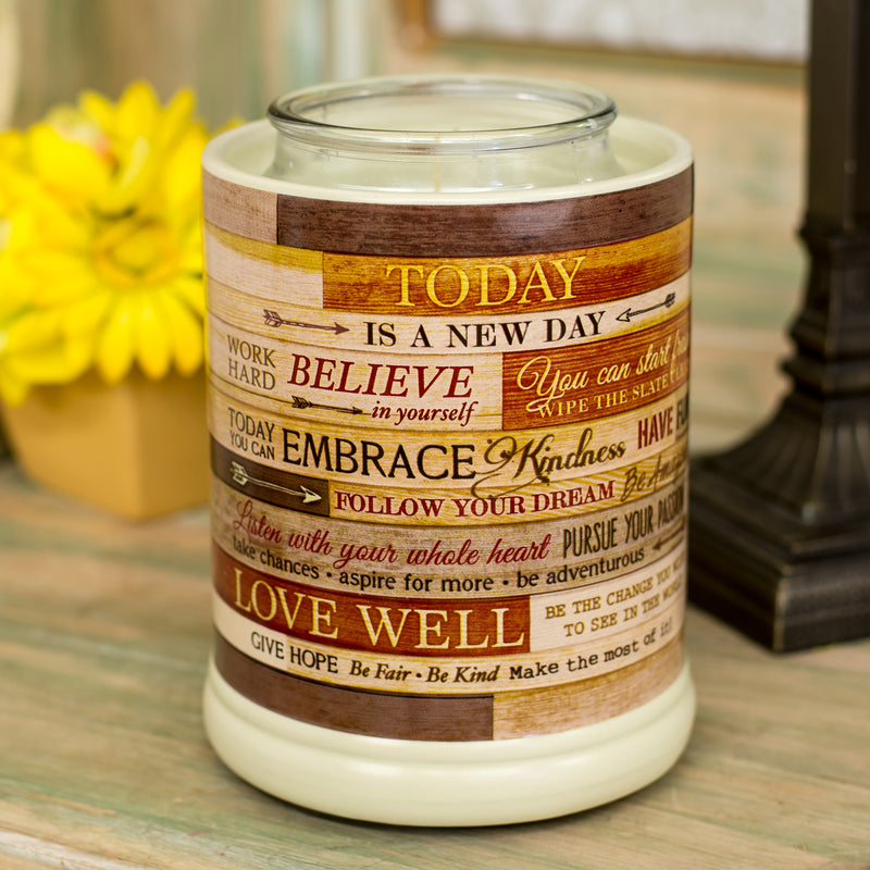 Front view of "Today is a new day" Wood Design Stoneware Electric Jar Candle Warmer