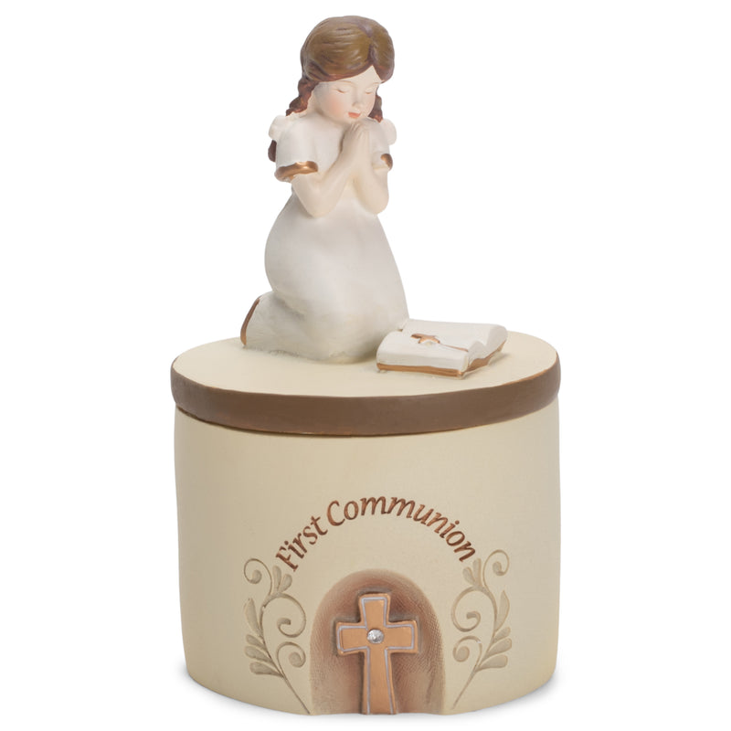 First Communion Praying Girl John 6:35 Resin Stone 5 inch Keepsake Box