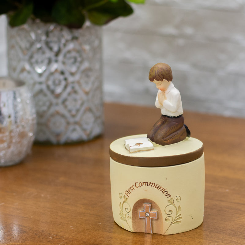 Dicksons First Communion Praying Boy John 6:35 Resin Stone 5 inch Keepsake Box