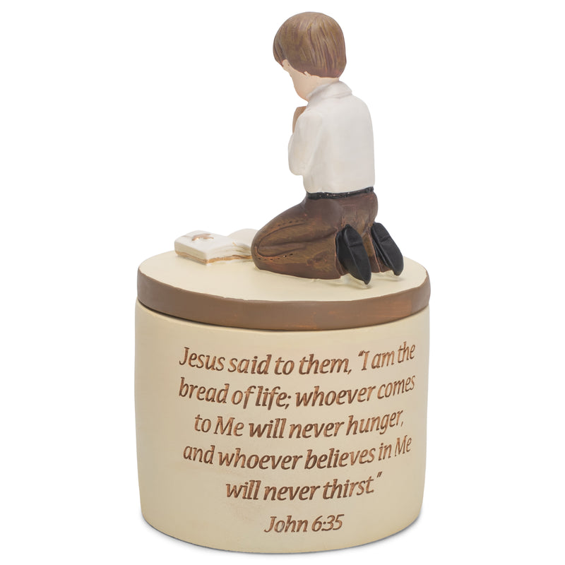 Dicksons First Communion Praying Boy John 6:35 Resin Stone 5 inch Keepsake Box