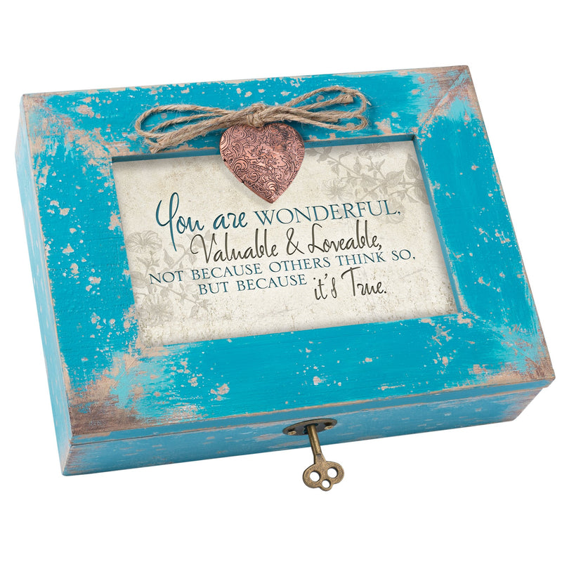 Top down view of You Are Wonderful Valuable Lovable Teal Distressed Jewelry and Music Box