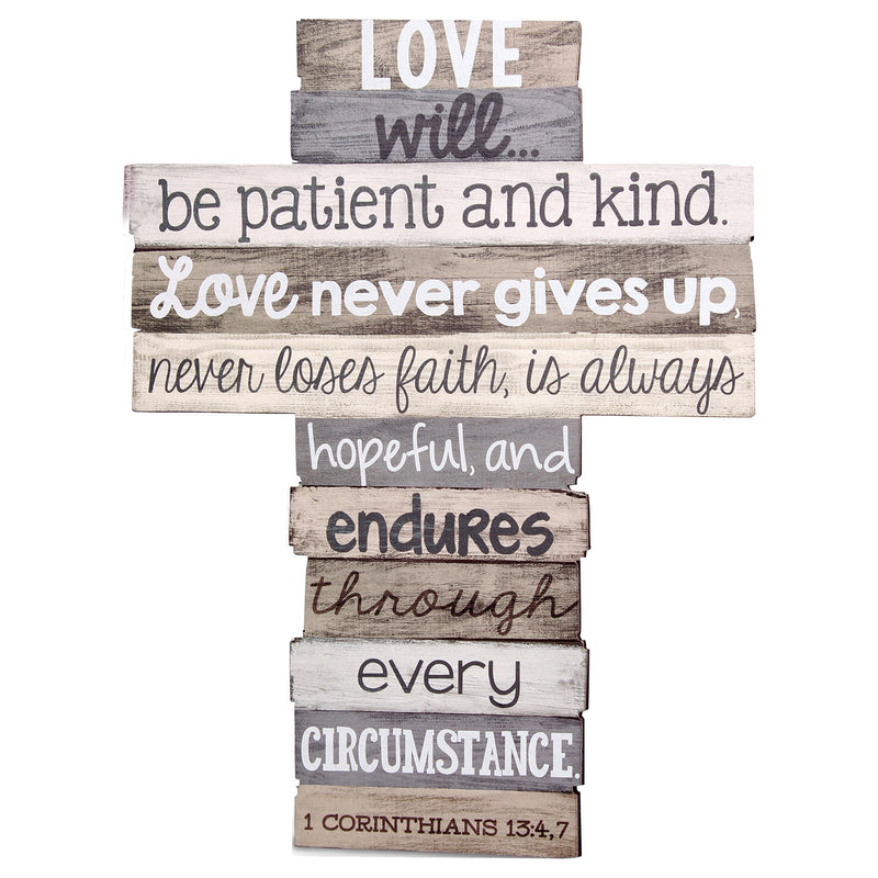Love Never Gives Up Distressed Wood 9 Inch Stacked Wood Cross Figurine