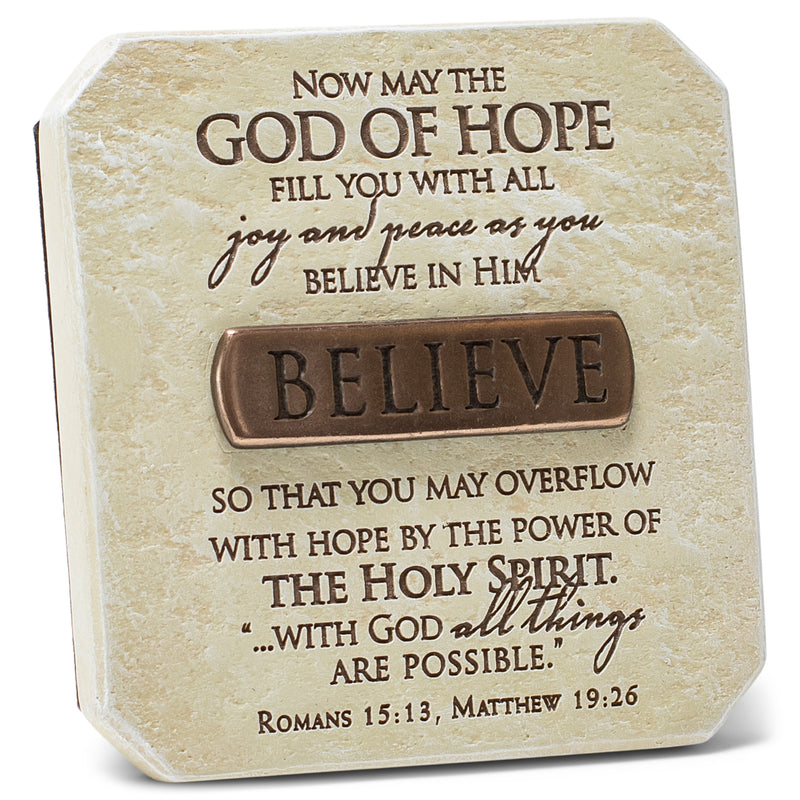 Lighthouse Christian Products Believe All Things are Possible Sandstone 3.75 x 3.75 Cast Stone Bronze Title Bar Plaque
