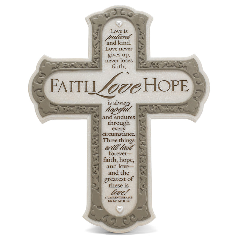 Lighthouse Christian Products Faith Hope Love Cream Filigree 11 Inch Cast Stone Cross Figurine