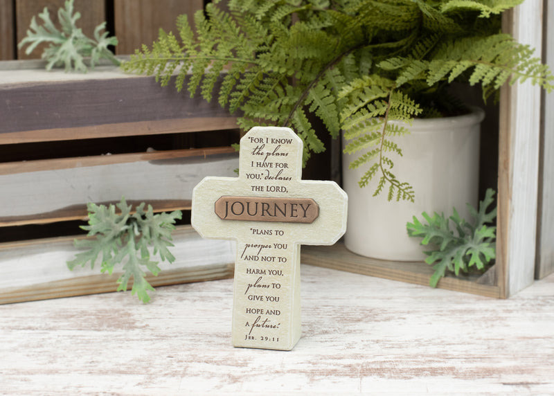Lighthouse Christian Products Journey Plans for You Sandstone 5.5 Inch Cast Stone Bronze Title Bar Cross Figurine