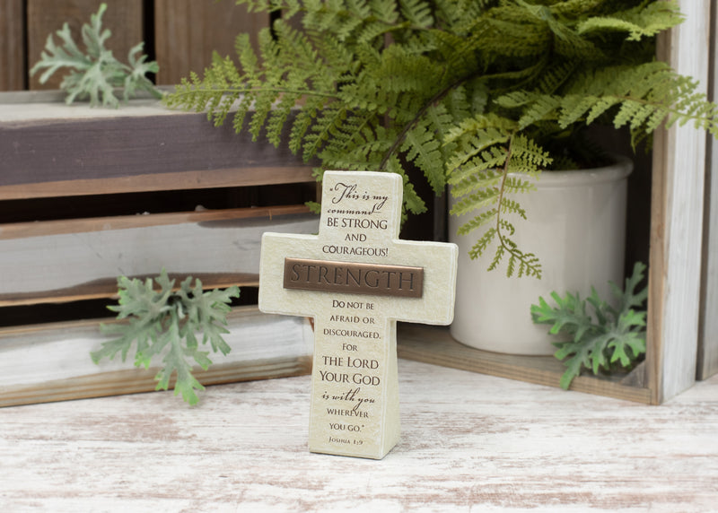 Lighthouse Christian Products Strength in The Lord Sandstone 5.5 Inch Cast Stone Bronze Title Bar Cross Figurine