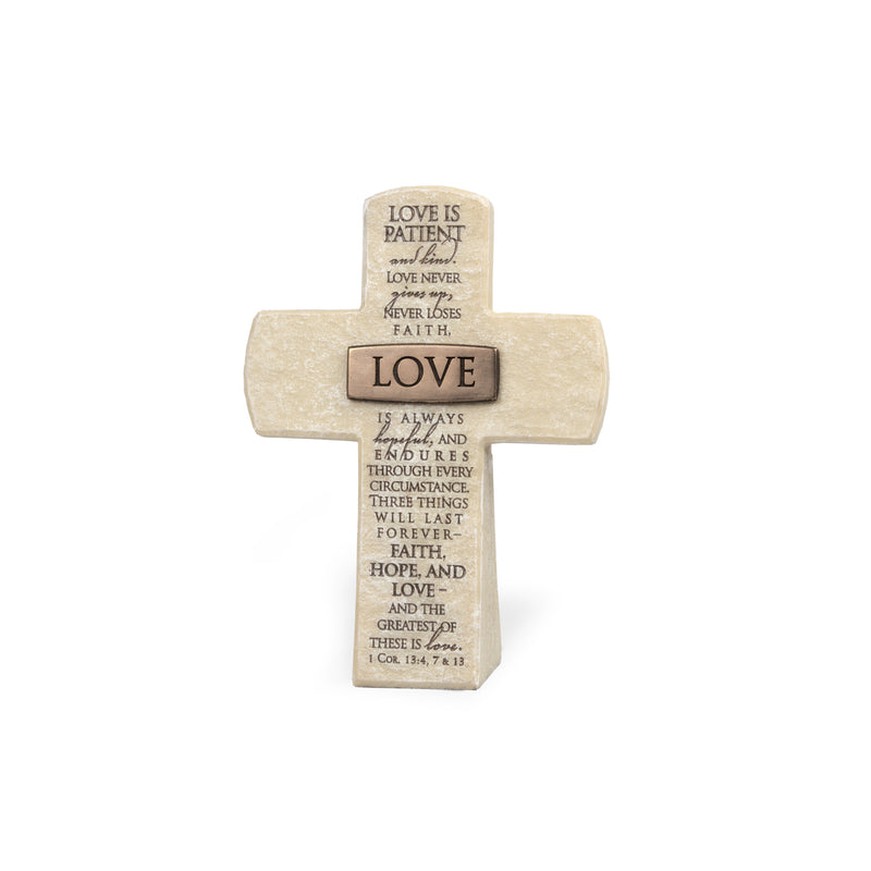 Lighthouse Christian Products Love is Patient and Kind Sandstone 5.5 Inch Cast Stone Bronze Title Bar Cross Figurine