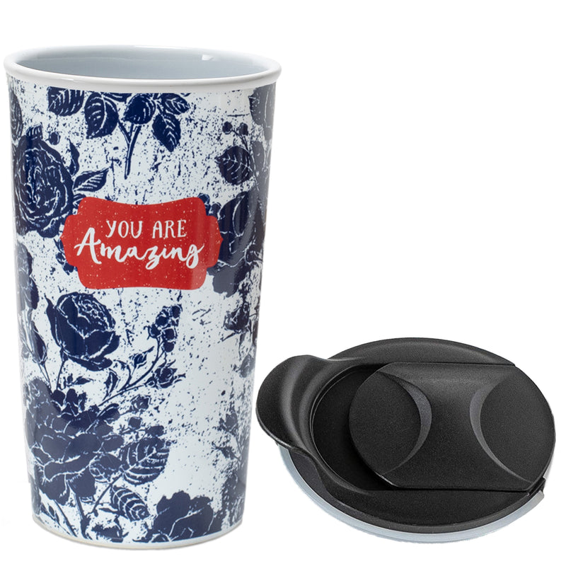 You Are Amazing Midnight Blue Floral 12 Ounce Ceramic Tumbler Mug