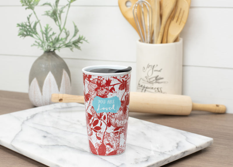 You Are Loved Crimson Floral 12 Ounce Ceramic Tumbler Mug