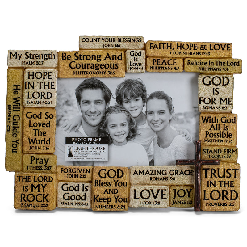 Lighthouse Christian Products Strength in God Scripture Stones Hammered Copper Cross 6 x 8.25 Cast Stone Photo Frame