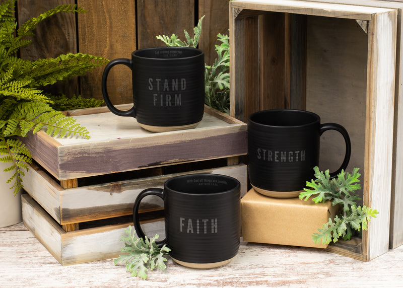 Stand Firm Scripture Textured Black 16 ounces Glossy Ceramic Coffee Mug