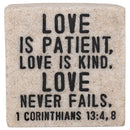 Lighthouse Christian Products Love Never Fails Scripture Block 2.25 x 2.25 Cast Stone Plaque