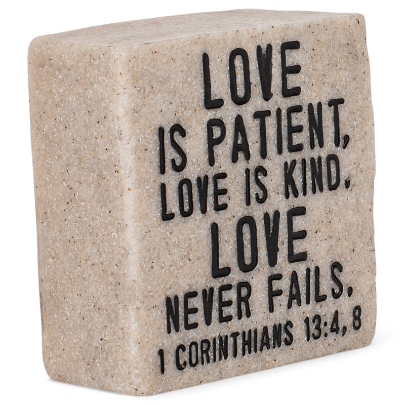 Lighthouse Christian Products Love Never Fails Scripture Block 2.25 x 2.25 Cast Stone Plaque