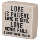 Lighthouse Christian Products Love Never Fails Scripture Block 2.25 x 2.25 Cast Stone Plaque