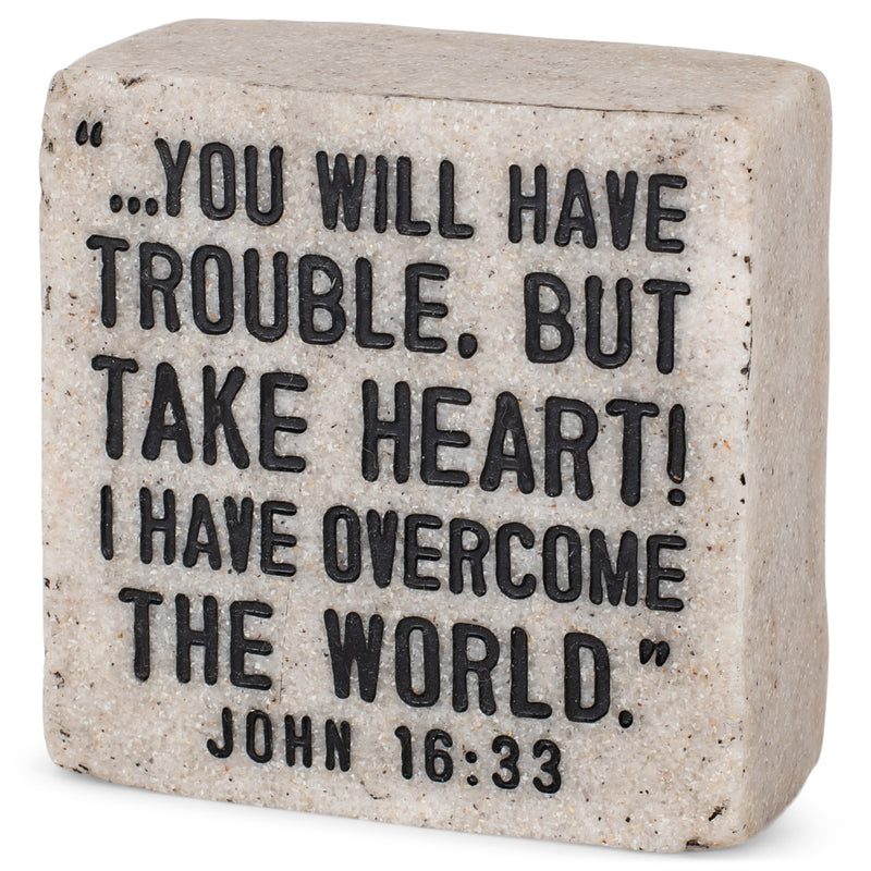 Lighthouse Christian Products Take Heart I Have Overcome Scripture Block 2.25 x 2.25 Cast Stone Plaque