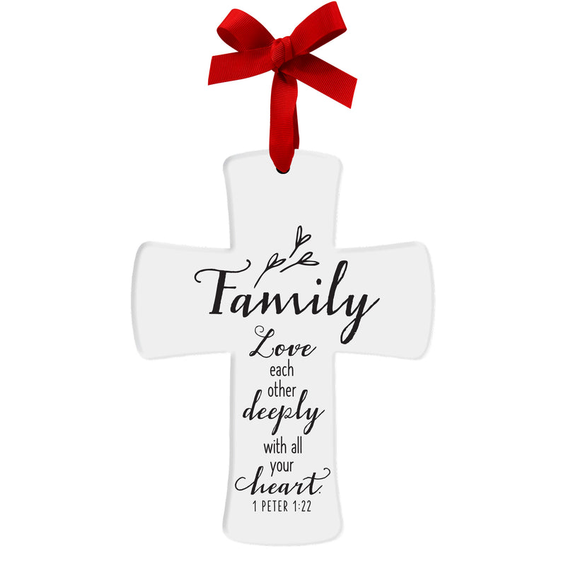 Lighthouse Christian Products Family Love Deeply Cross White 4 inch Ceramic Christmas Ornament