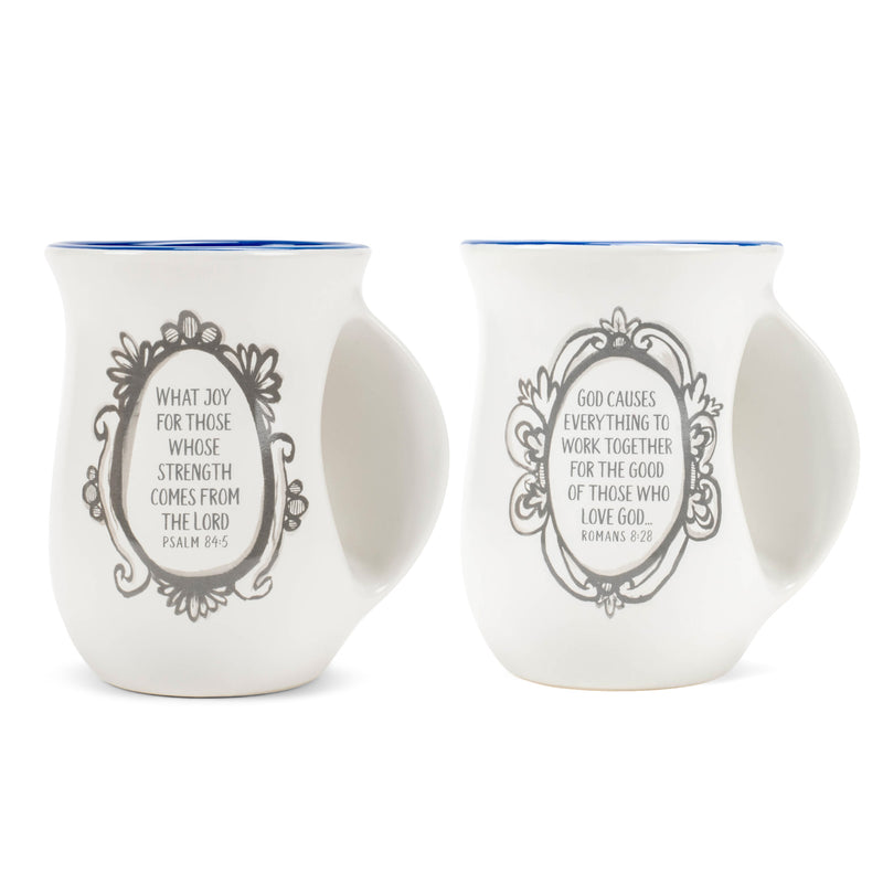Lighthouse Christian Products Flourish Spread Joy Today Good Day Navy Blue 14 ounce Ceramic Stoneware Handwarmer Coffee Mugs, Set of 2