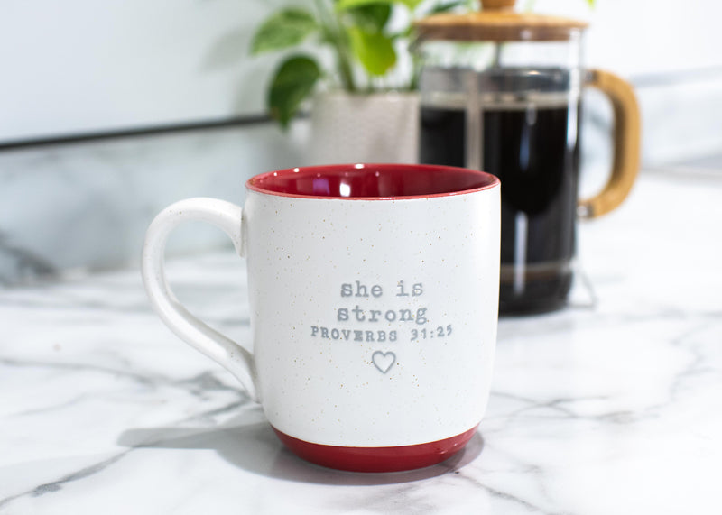 Lighthouse Christian Products She Is Strong Speckled Red 13 ounce Ceramic Coffee Mug