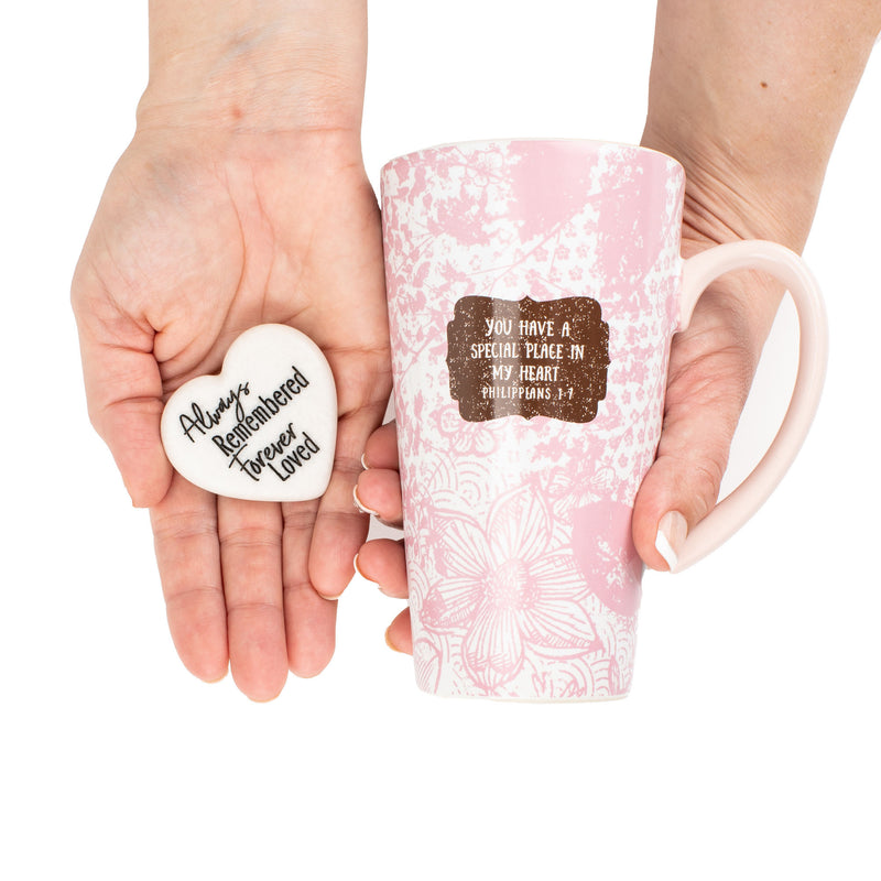 Lighthouse Christian Products Always Remembered Heart Blush Pink 20 ounce Ceramic Latte Mug and Stone Set