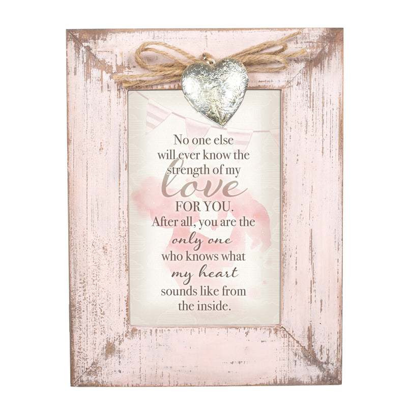 Front view of Who Knows My Heart From Inside Blush Pink Distressed Locket Easel Back Photo Frame