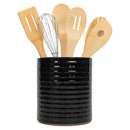 Embossed Subway Tile Ceramic Stoneware Cork Bottom Kitchen Utensil Holder, Black