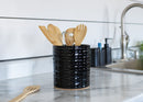 Embossed Subway Tile Ceramic Stoneware Cork Bottom Kitchen Utensil Holder, Black