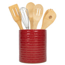Embossed Subway Tile Ceramic Stoneware Cork Bottom Kitchen Utensil Holder, Red