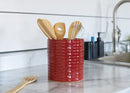 Embossed Subway Tile Ceramic Stoneware Cork Bottom Kitchen Utensil Holder, Red