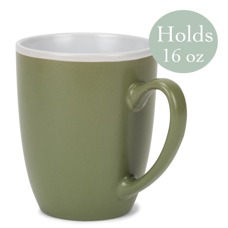 Solid Color Green White Exterior 16 ounce Matte Ceramic Mugs Matching Set of 4