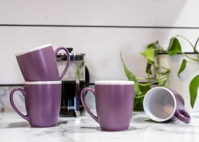 Solid Color Purple White Exterior 16 ounce Matte Ceramic Mugs Matching Set of 4
