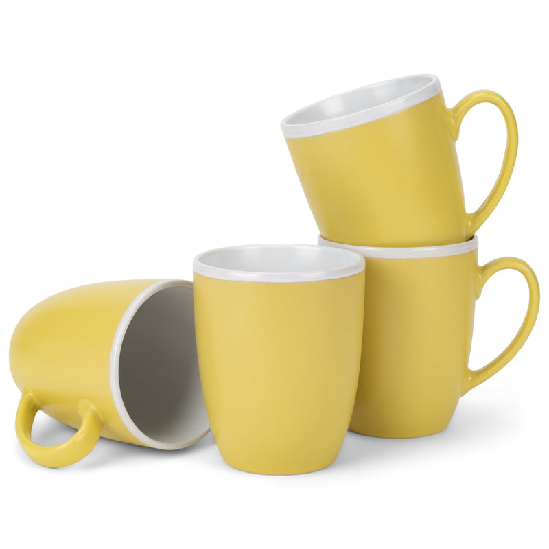 Solid Color Yellow White Exterior 16 ounce Matte Ceramic Mugs Matching Set of 4