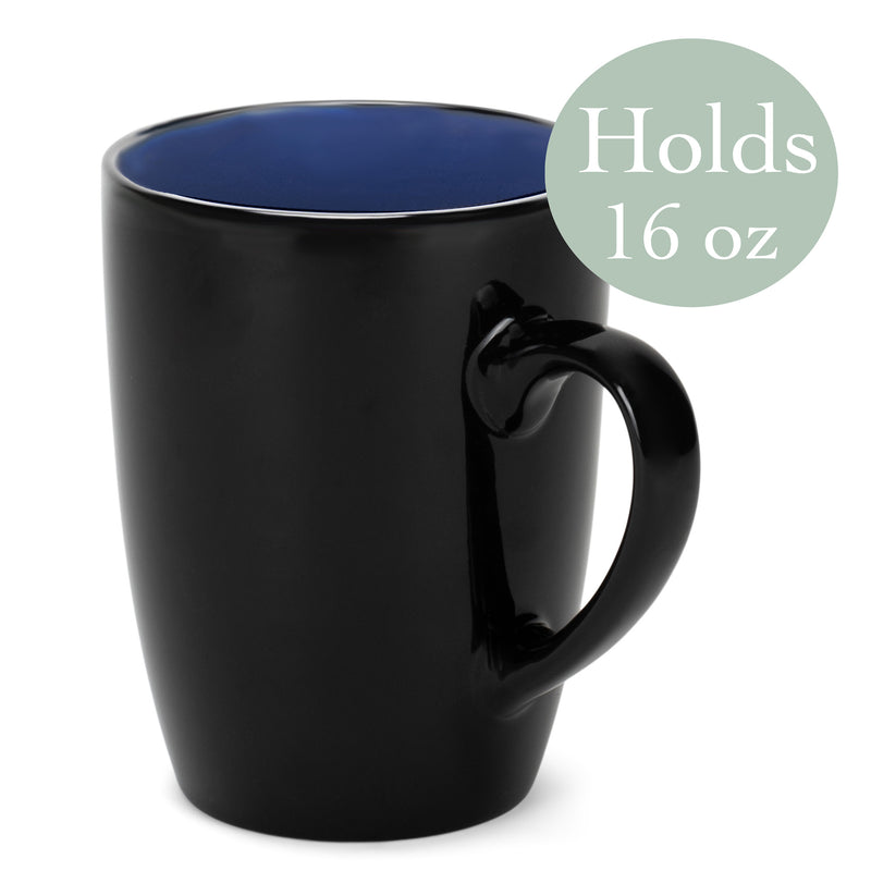 Color Pop Blue Black Exterior 16 ounce Glossy Ceramic Mugs Matching Set of 4