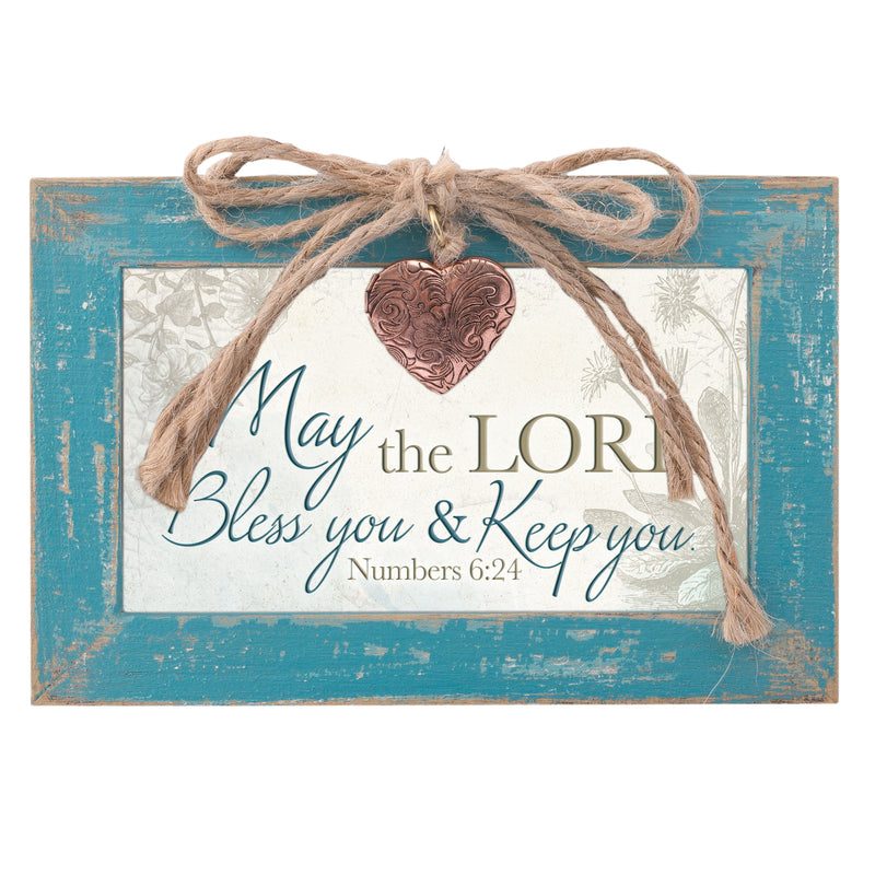 Top down view of Lord Bless and Keep You Petite Locket Distressed Teal Music Box