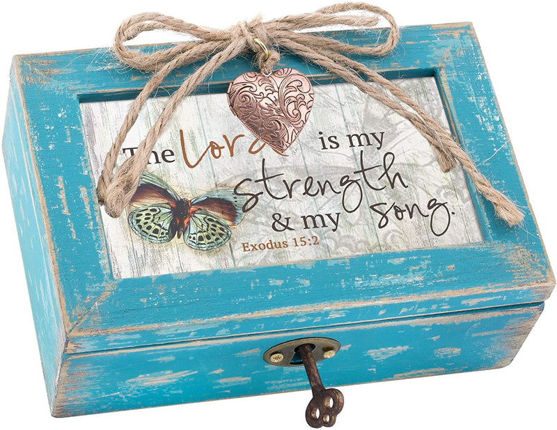 Top down view of Lord is My Strength My Song Petite Locket Distressed Teal Music Box
